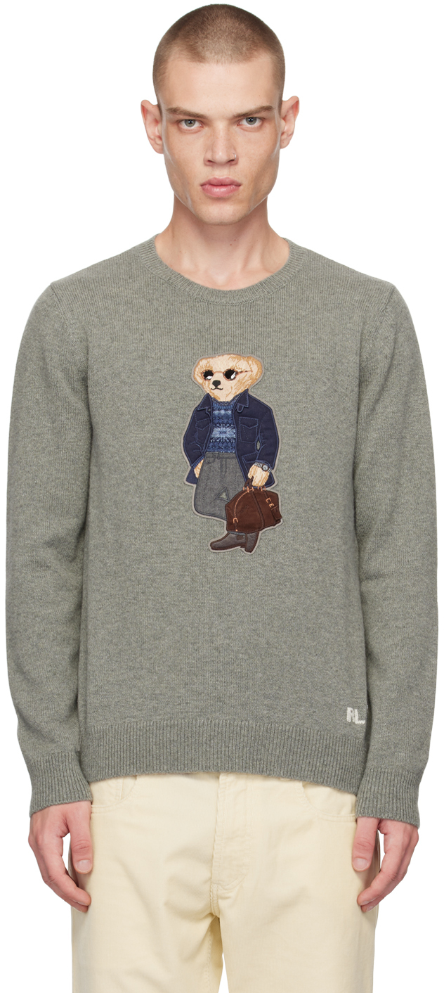 Shop Ralph Lauren Purple Label Gray Polo Bear Sweater In Cls Light Grey Hther