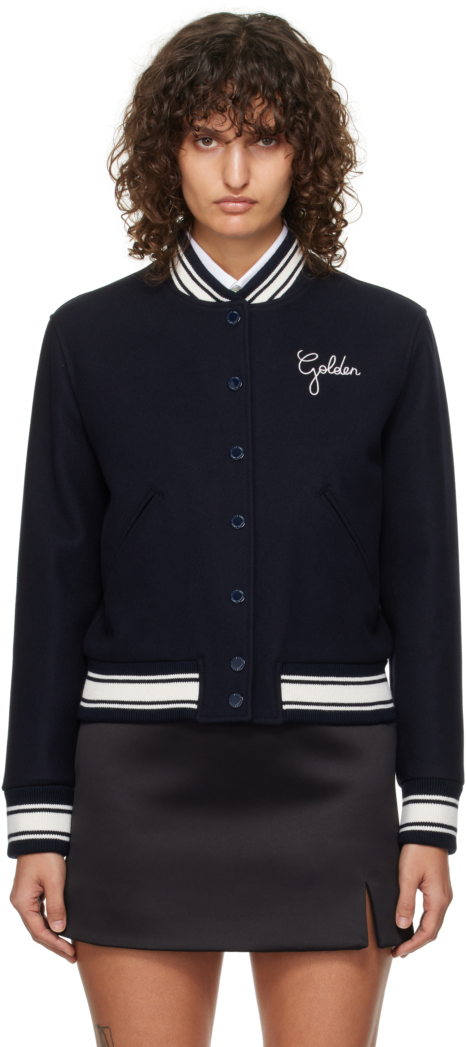 Shop Golden Goose Navy Embroidered Bomber Jacket In 50486 Dark Blue