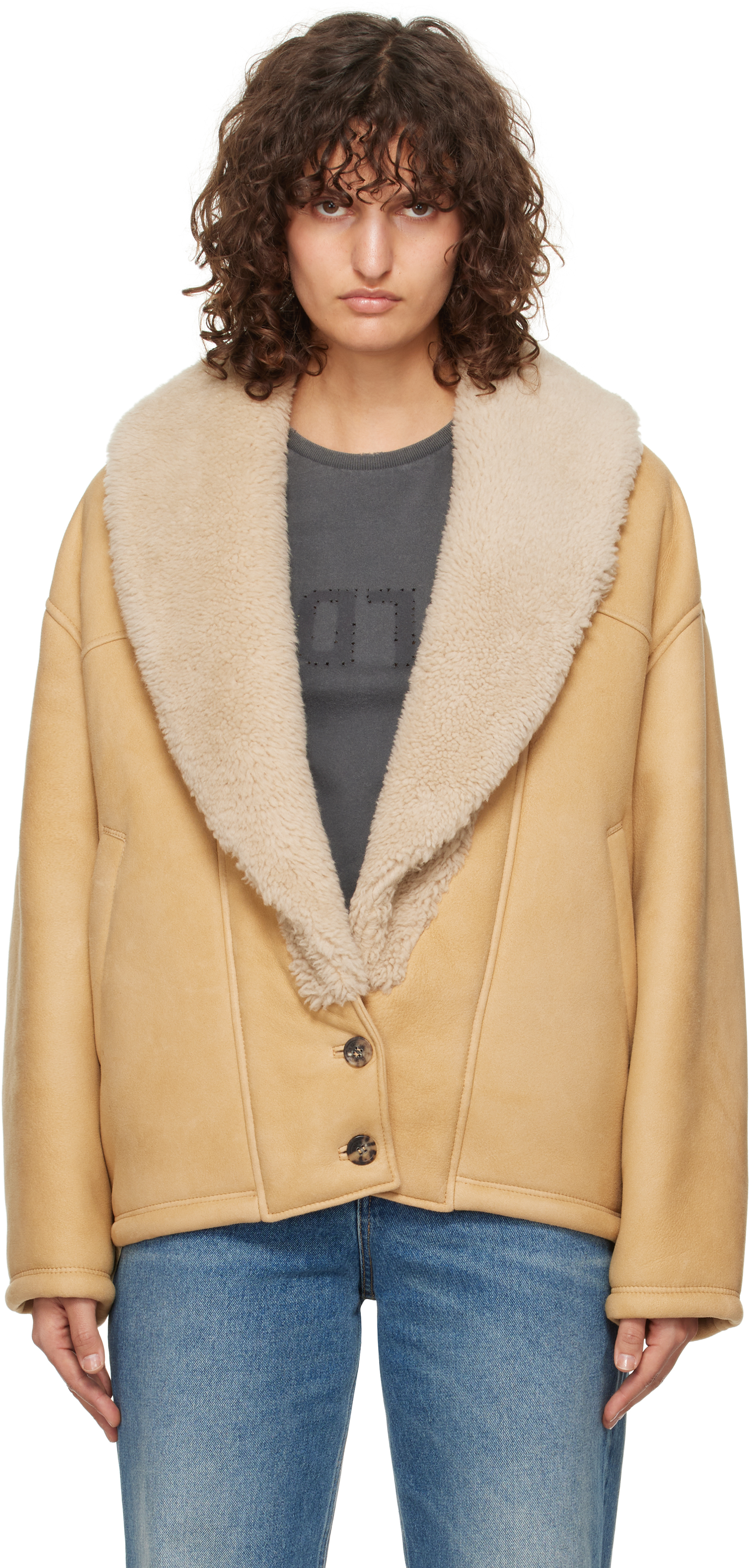 Shop Golden Goose Tan Shawl Collar Shearling Jacket In Lark 55143