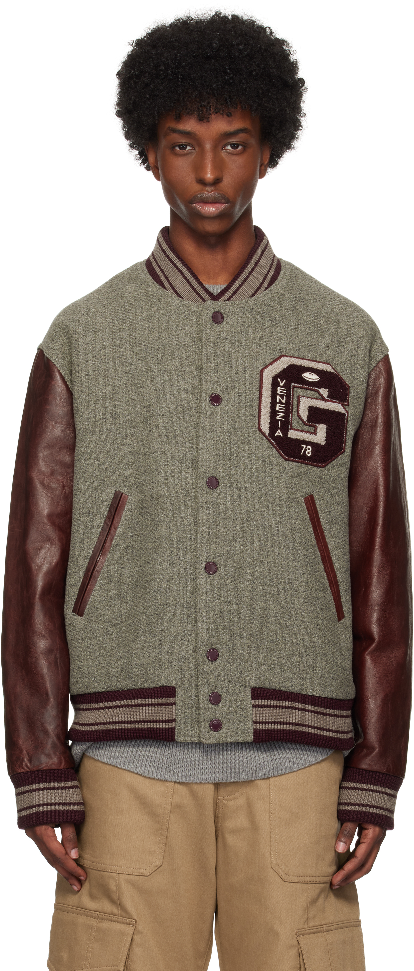 Gray & Burgundy Melange Wool Bomber Jacket