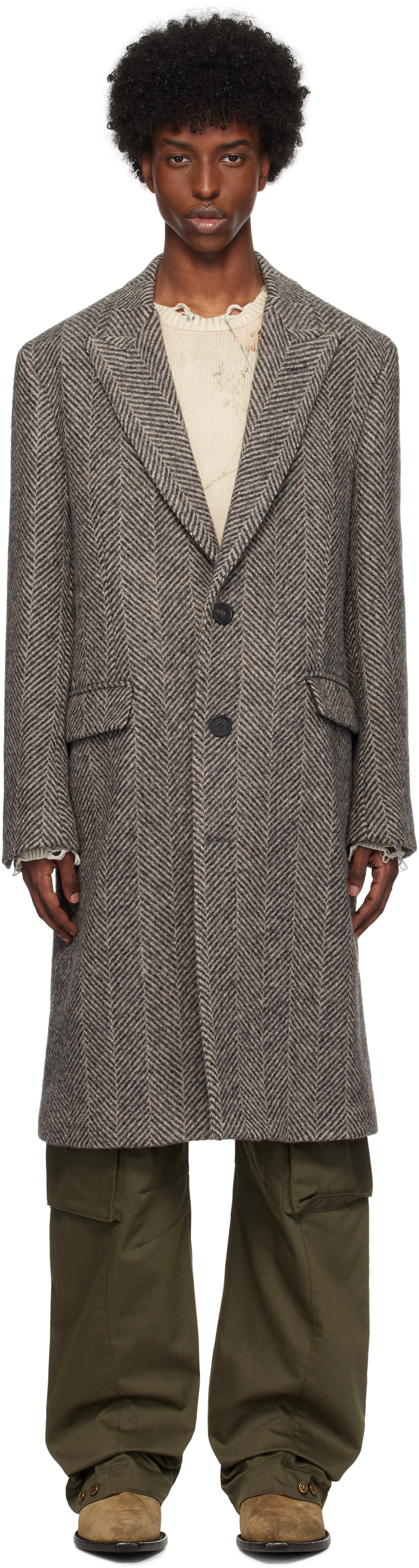 Gray Single-Breasted Wool Herringbone Coat