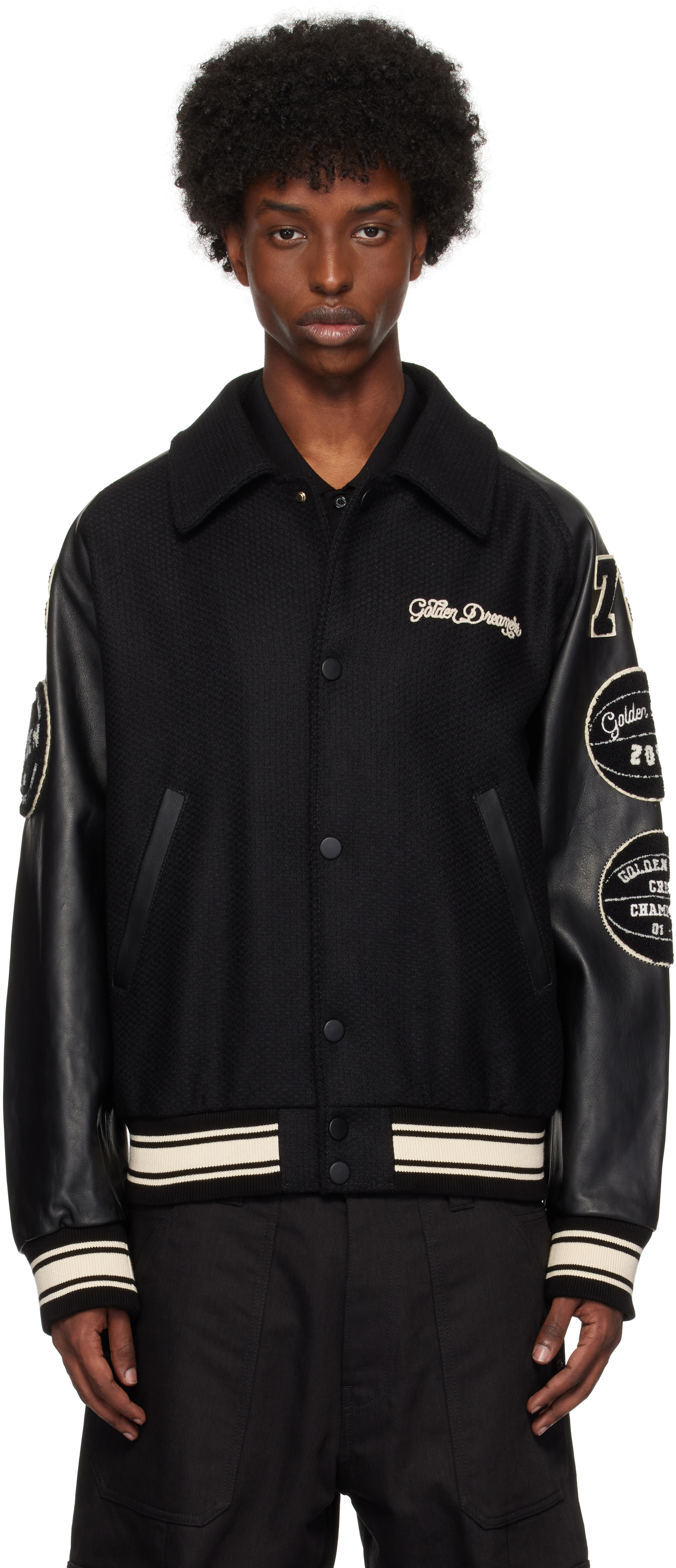 Black Wool Patch Bomber Jacket