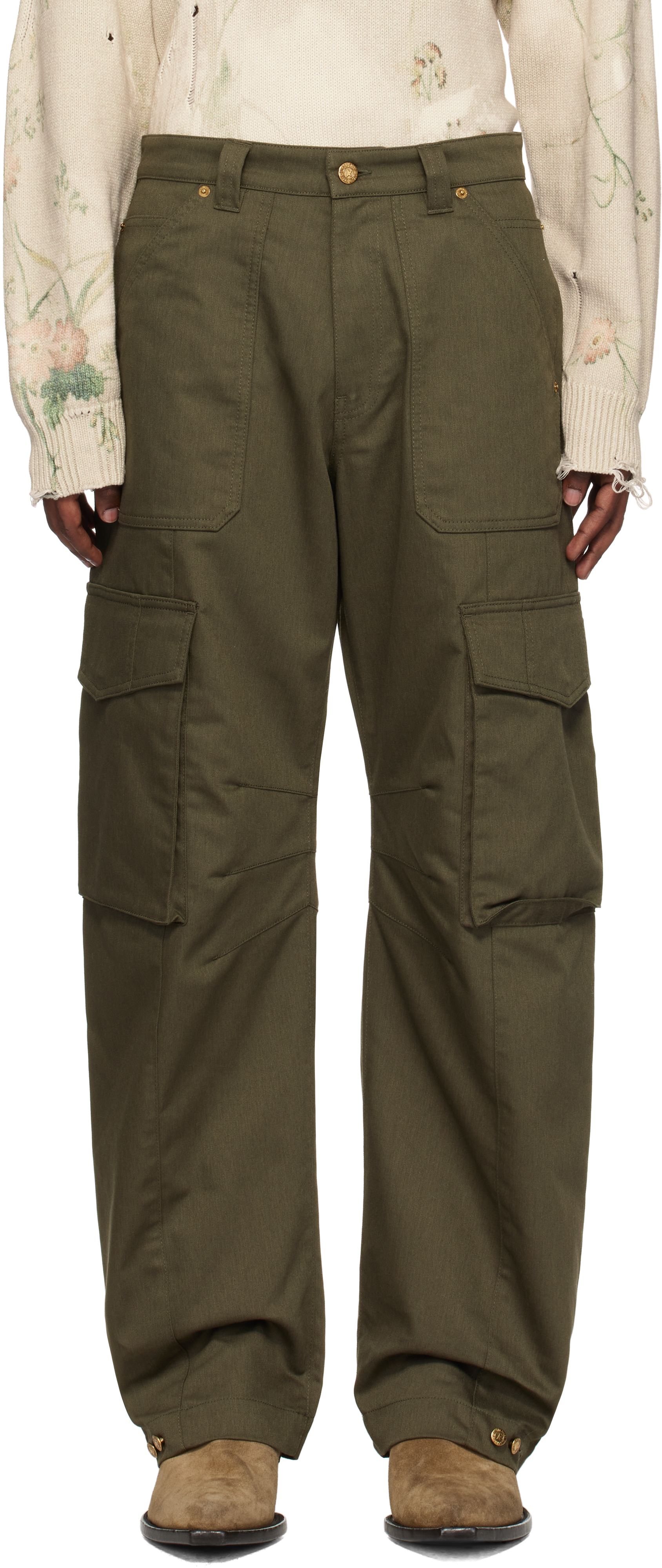 Khaki Wide-Leg Cargo Pants