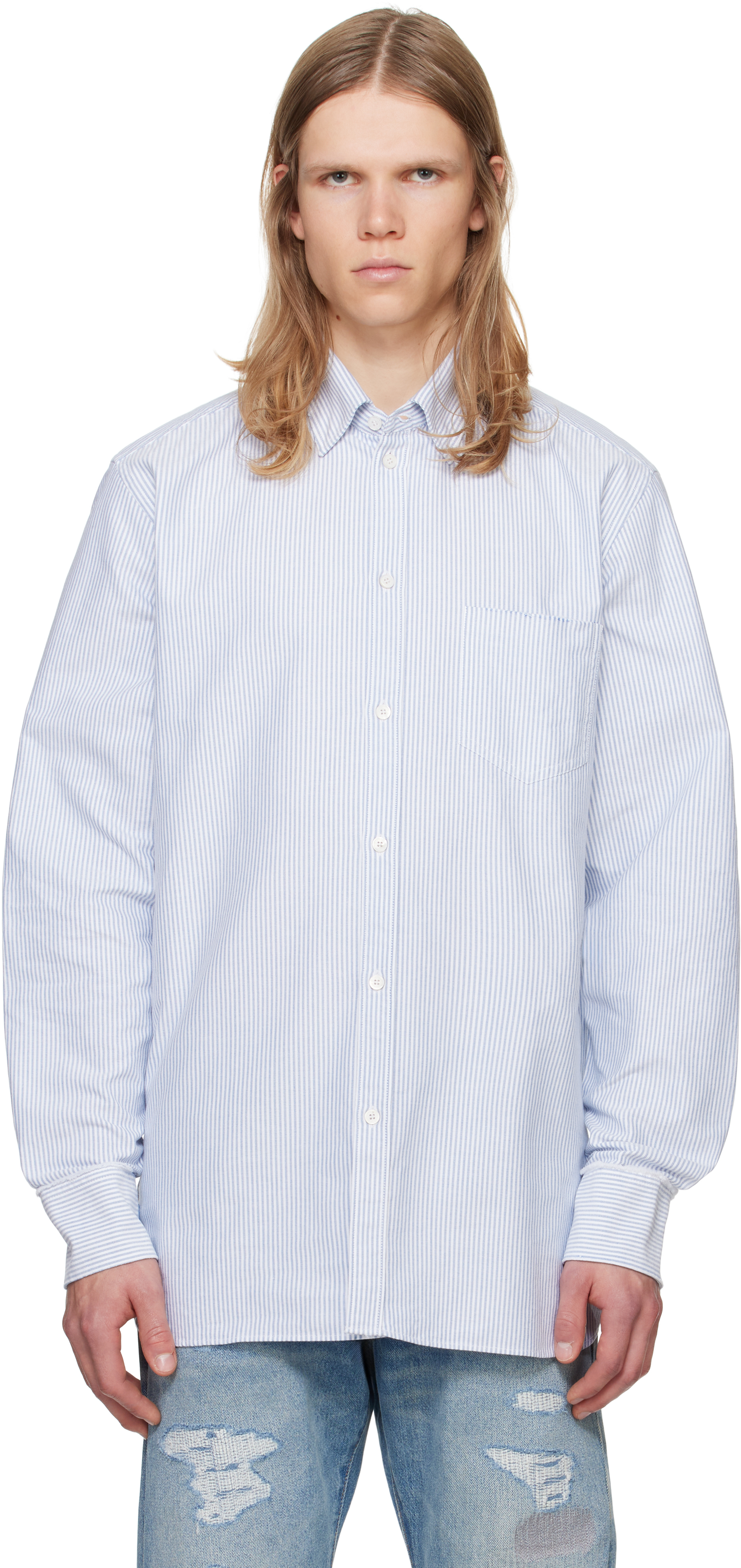 Shop Golden Goose Blue & White Narrow Stripes Shirt In White - Infinity