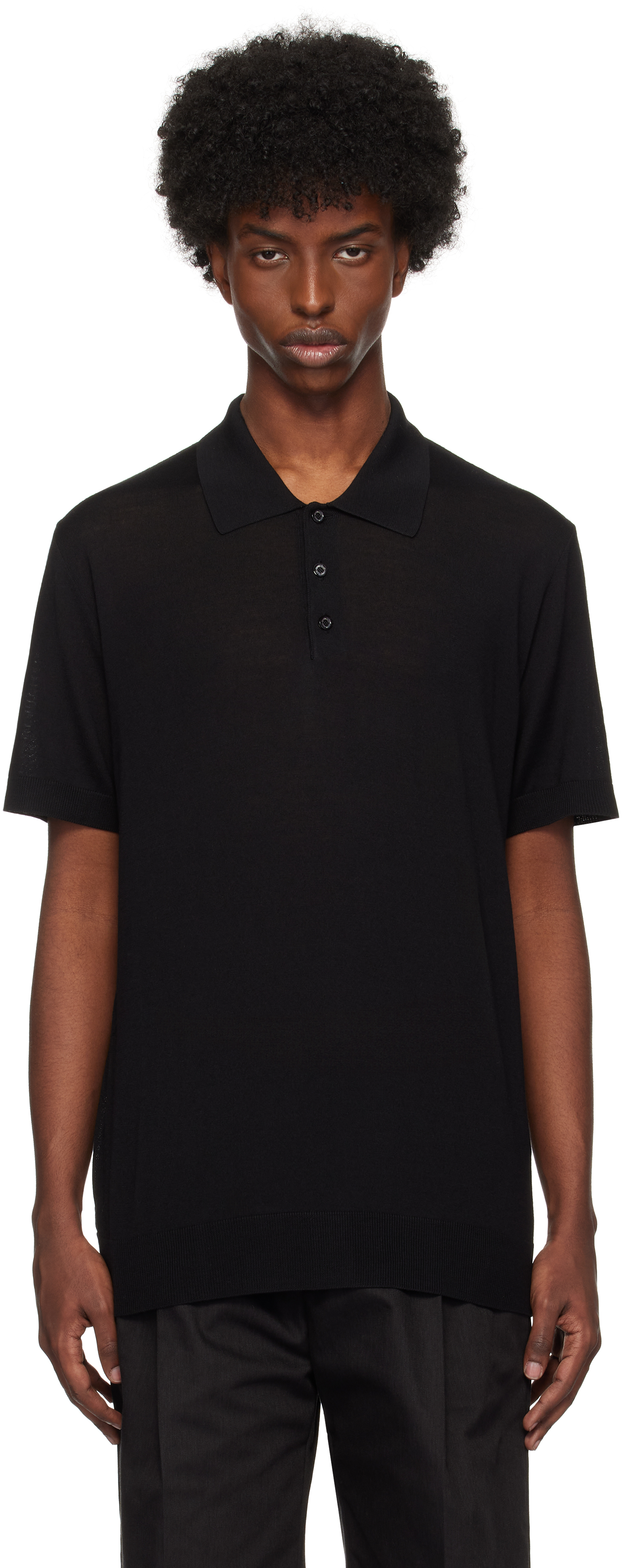 Black Short-Sleeved Merino Wool Polo