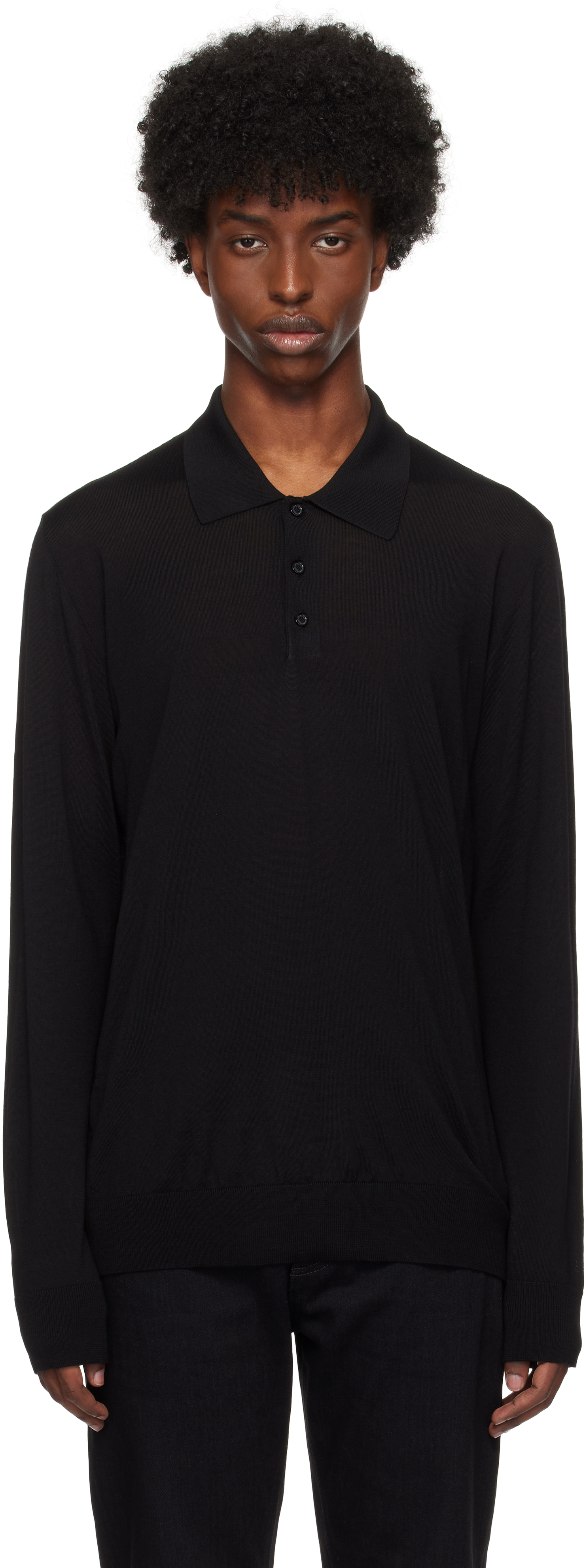 Black Long-Sleeved Merino Wool Polo