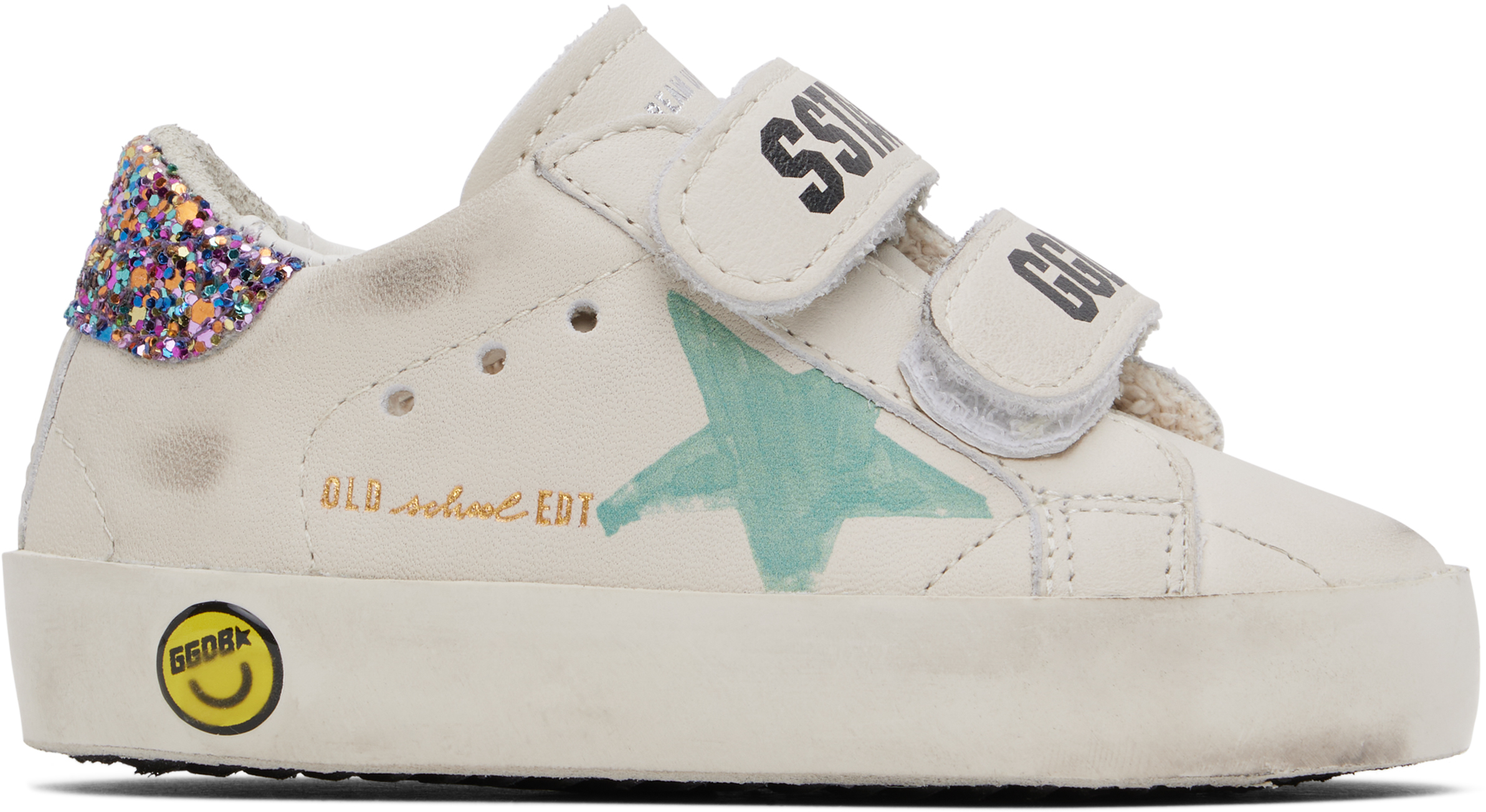 Golden Goose Baby White Old School Print Star Sneakers In White/aqua Gren