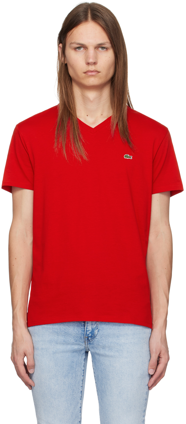 Red V-Neck T-Shirt by Lacoste on Sale