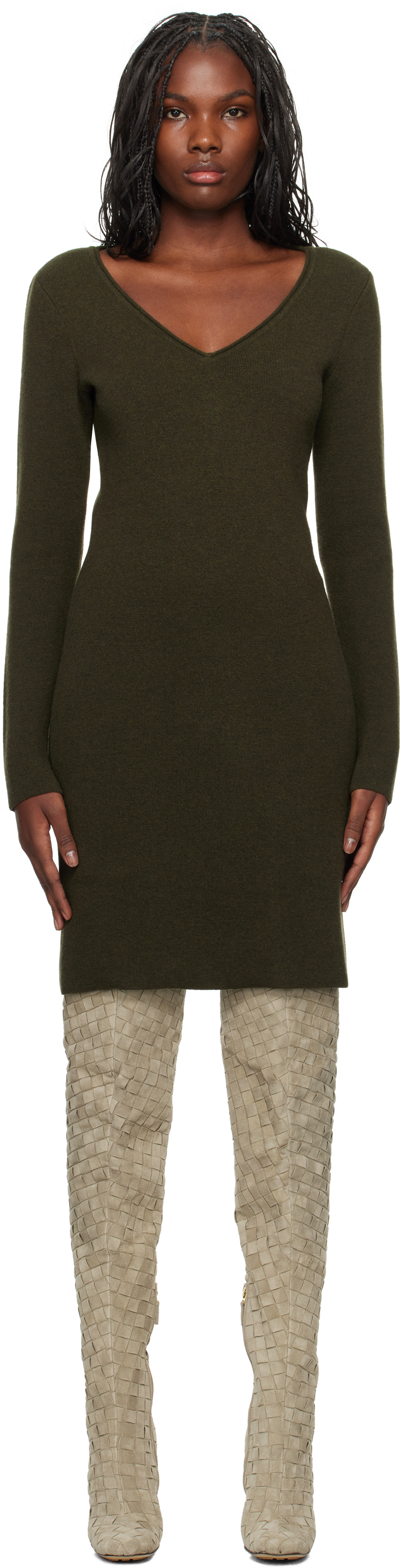 Shop Ferragamo Khaki Knitted Minidress In 002 Uniform Green