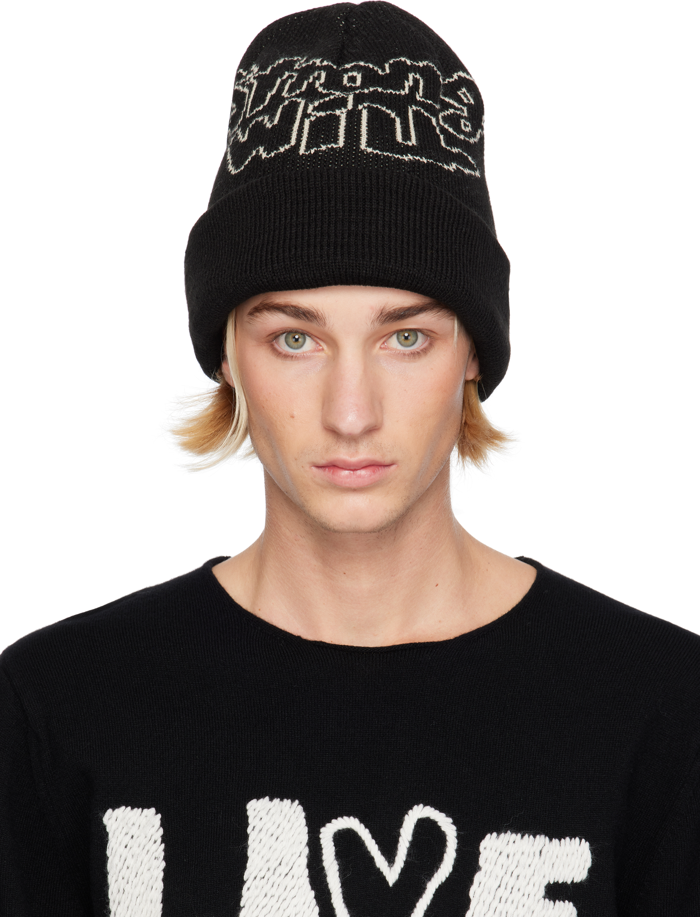 Black Jacquard Knit 'STRONG WILL' Beanie