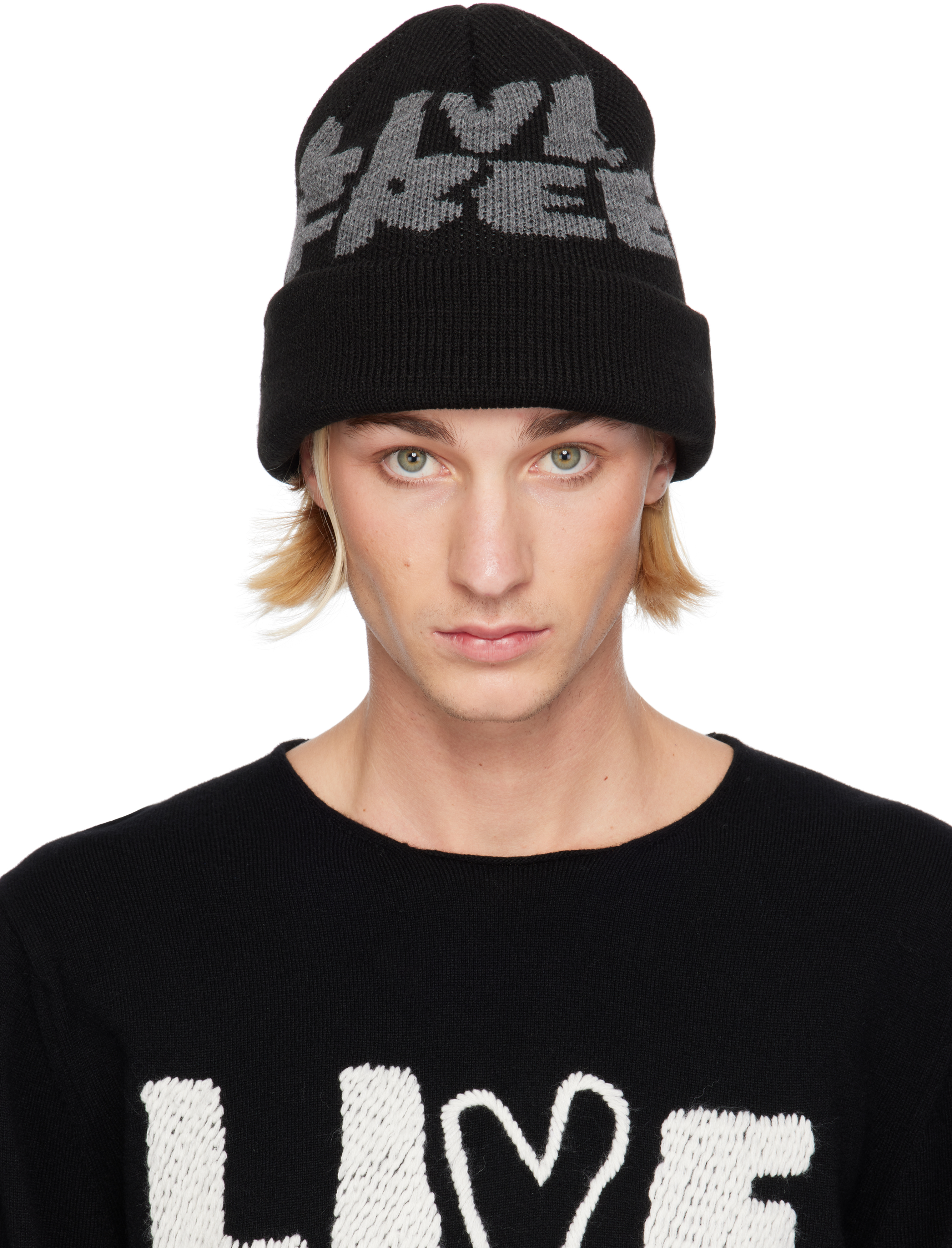 Black Jacquard Knit 'LIVE FREE' Beanie