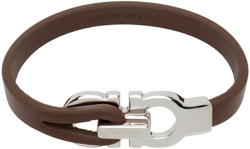 Shop Ferragamo Brown Gancini Bracelet In Barkbr/pall Lucido