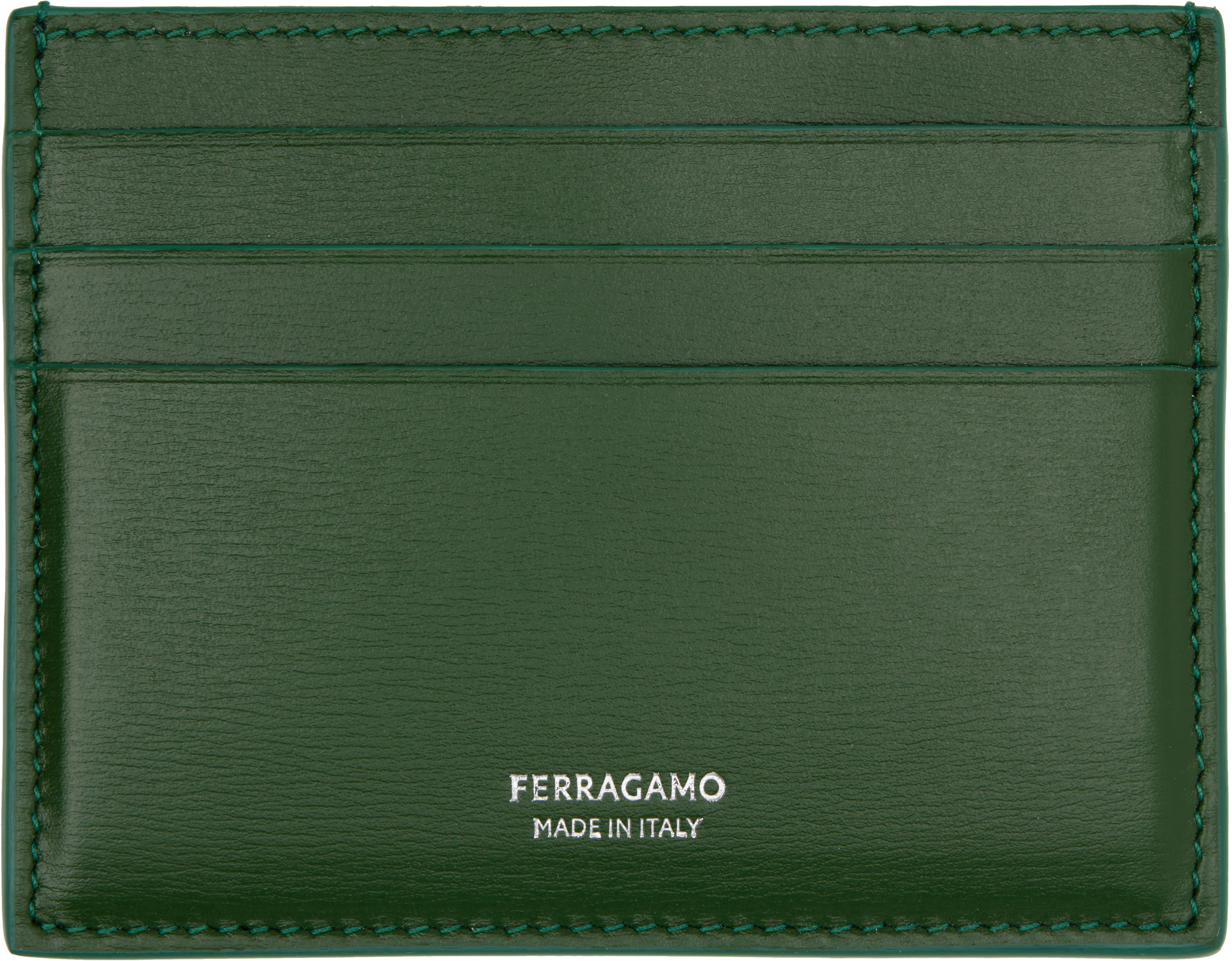 Ferragamo Green Leather Card Holder In Forest Green Nero