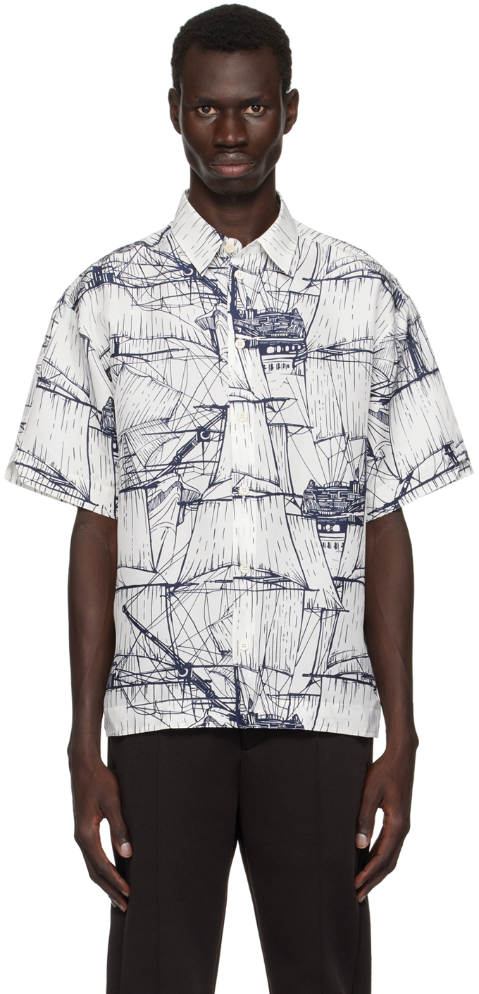 White & Navy Short Sleeved Shirt