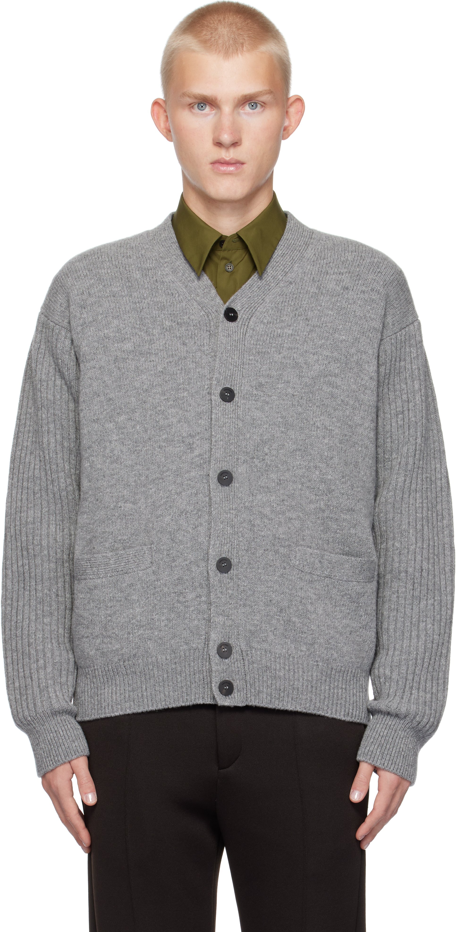 Shop Ferragamo Gray Ribbed Sleeve Cardigan In Sparrow Mel Antracit