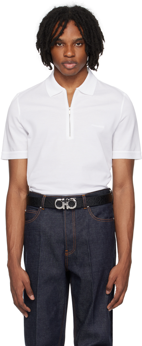 Shop Ferragamo White Half-zip Polo In 3991/002 Optic-white