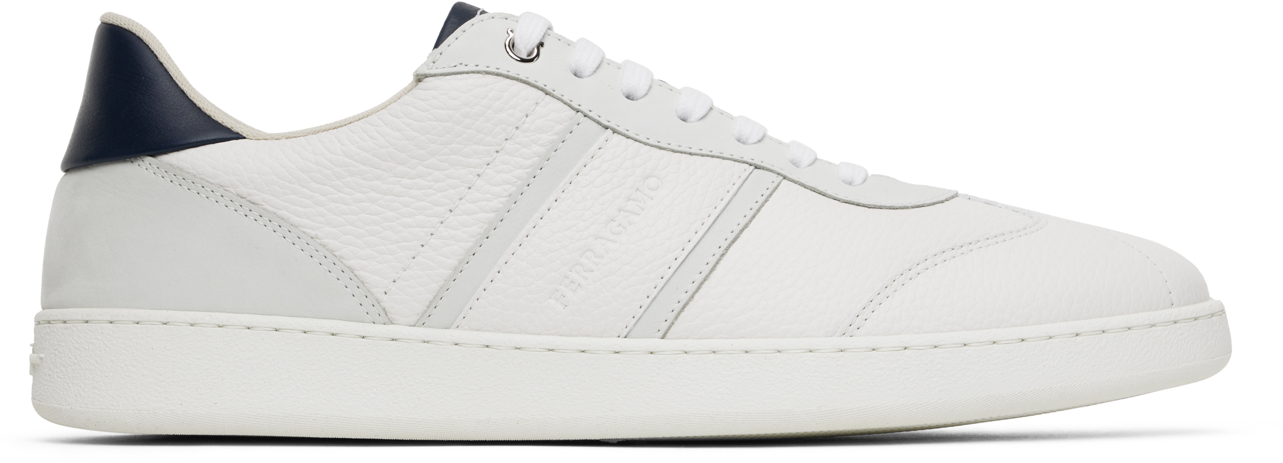 Ferragamo White Low Top Signature Sneakers In Bianco Blue Marine