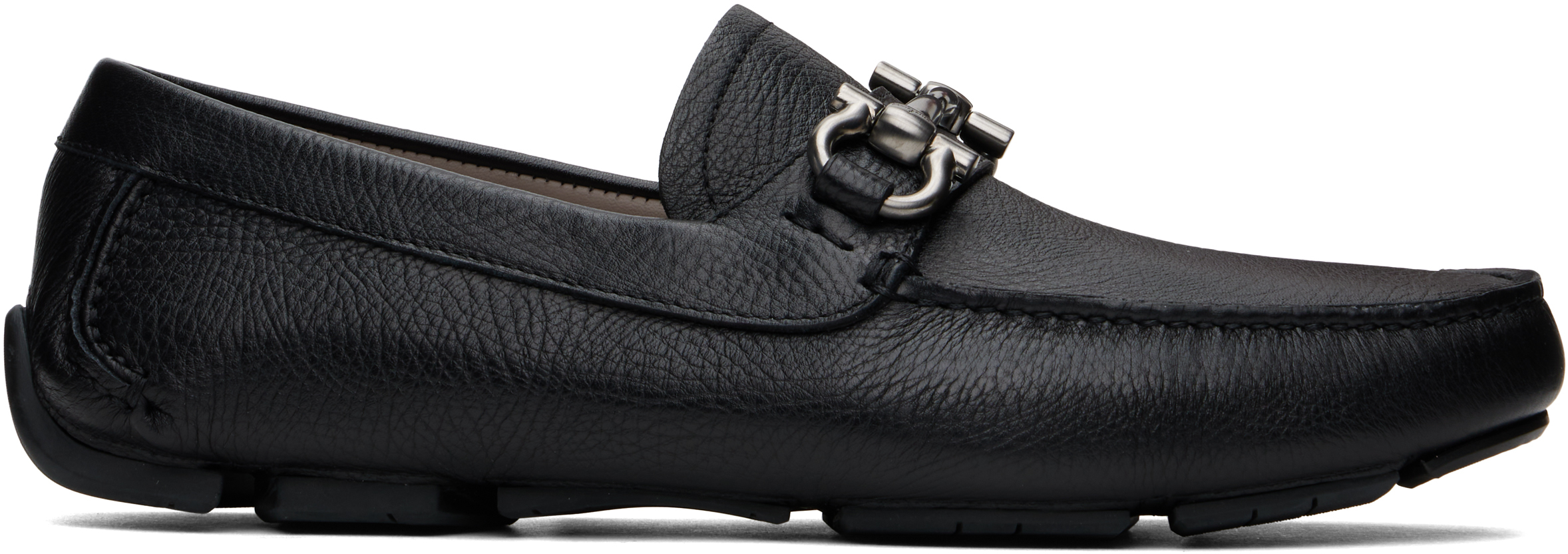 Ferragamo Black Gancini Ornament Driver Loafers In Nero Light Grey