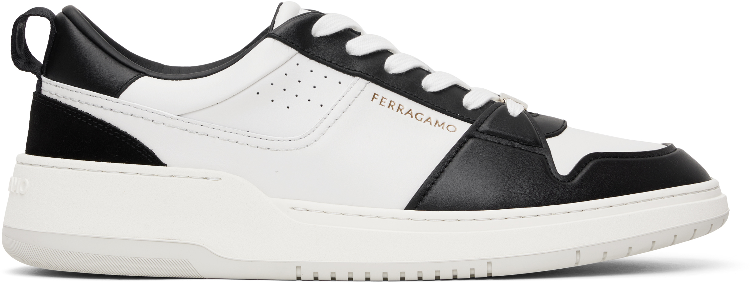 Ferragamo Black & White Suede Patch Skate Sneakers In Nero Bianco Ottico