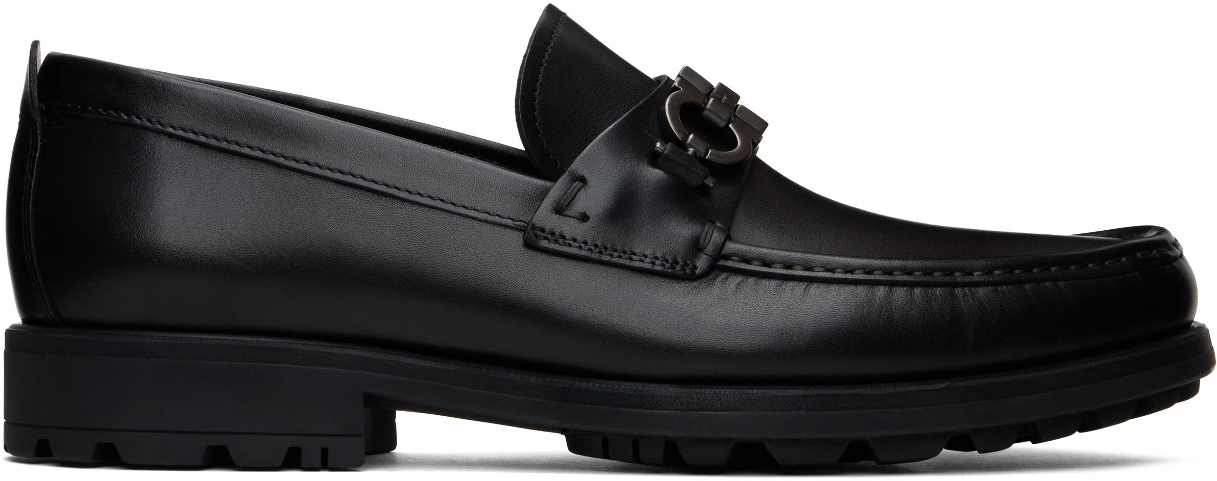 Ferragamo Black Gancini Ornament Loafers In Nero