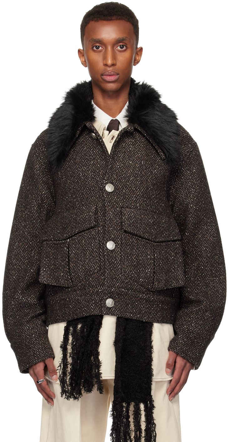 NULLUS: Blouson brun à col amovible en fourrure synthétique 