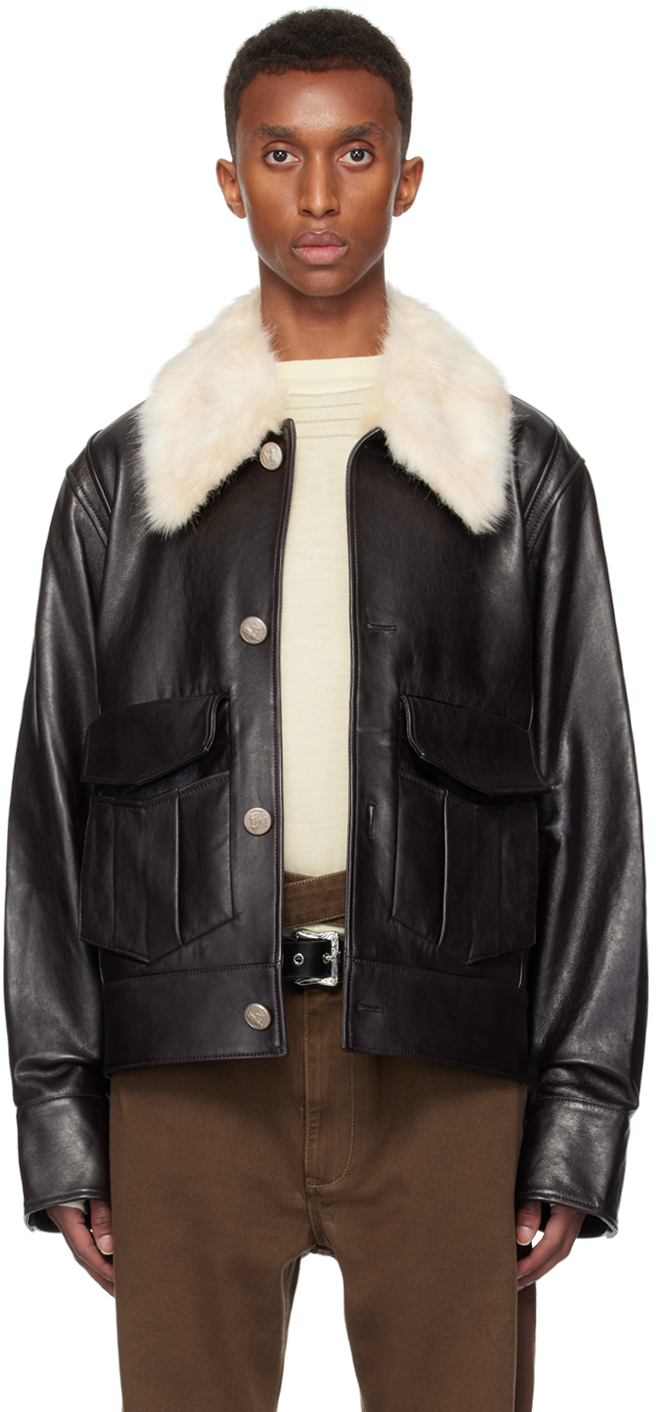 Shop Nullus Studios Black Detachable Faux-fur Collar Leather Jacket