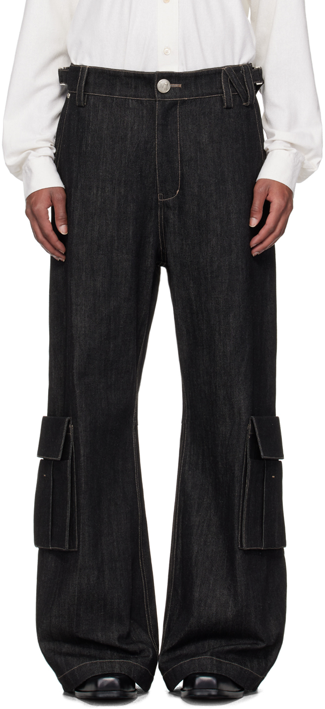 Shop Nullus Studios Black Whale Fin Snap-on Denim Cargo Pants In Black Contrast