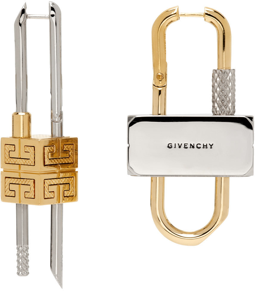 Shop Givenchy シルバー＆ゴールド Lock アシンメトリー ピアス In 711-golden/silvery