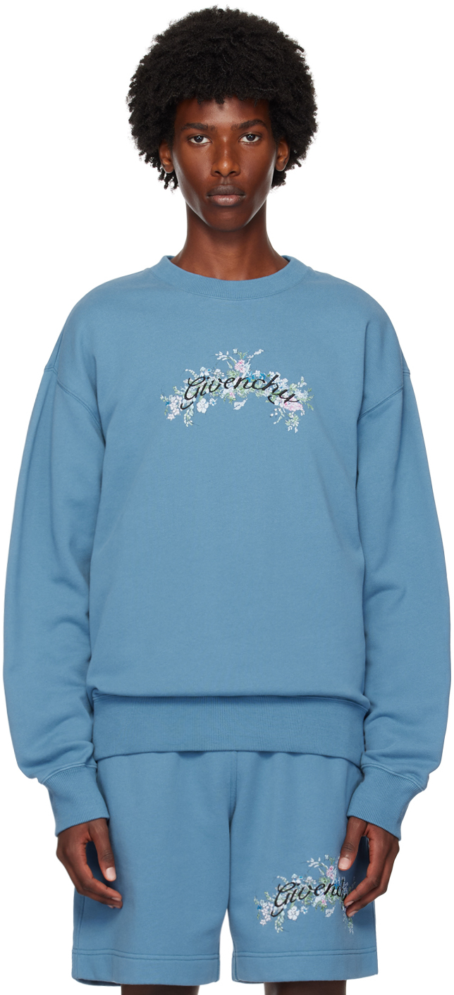 Shop Givenchy Blue Floral Logo Sweatshirt In 495-steel Blue