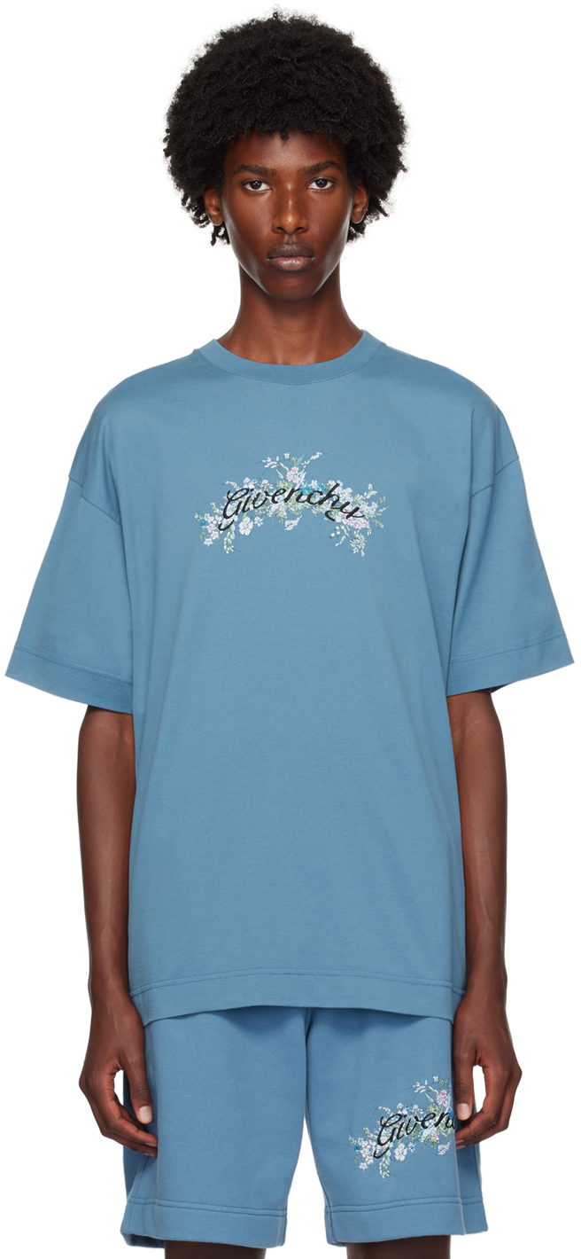 Shop Givenchy Blue Floral Logo T-shirt In 495-steel Blue