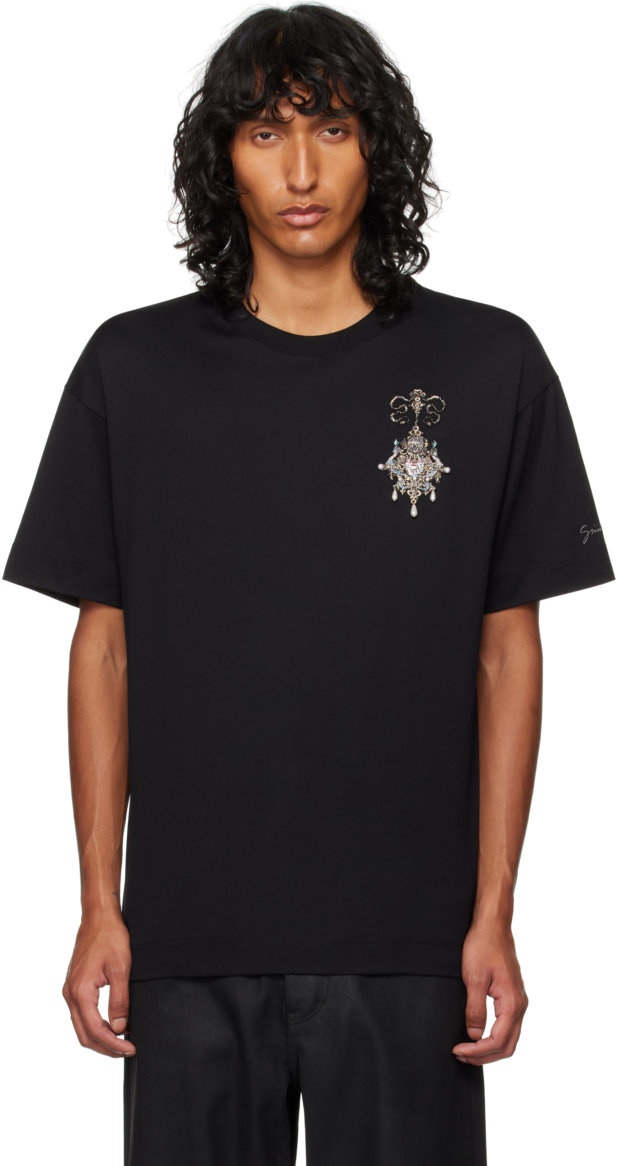 Black Embroidered Chandelier & Pearls T-shirt