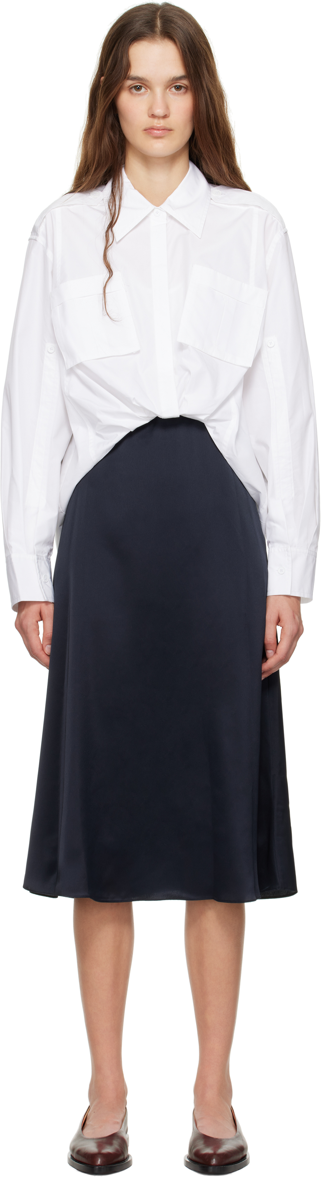 White & Navy Draped Shirt Combo Slip Midi Dress