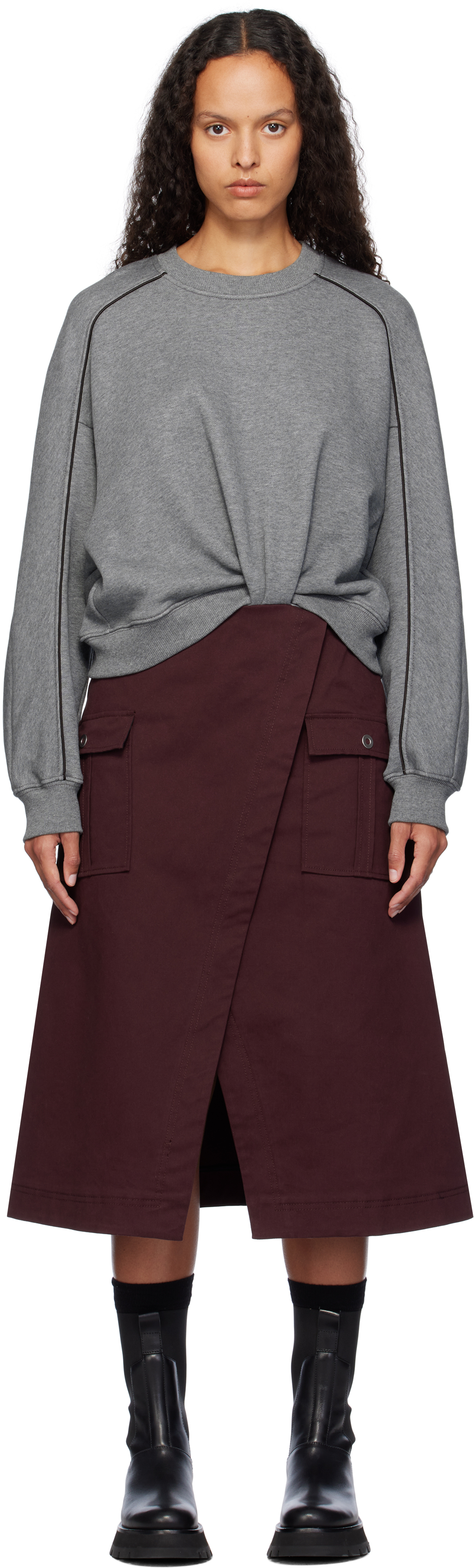 Gray & Burgundy Draped Sweatshirt Utility Midi Dress