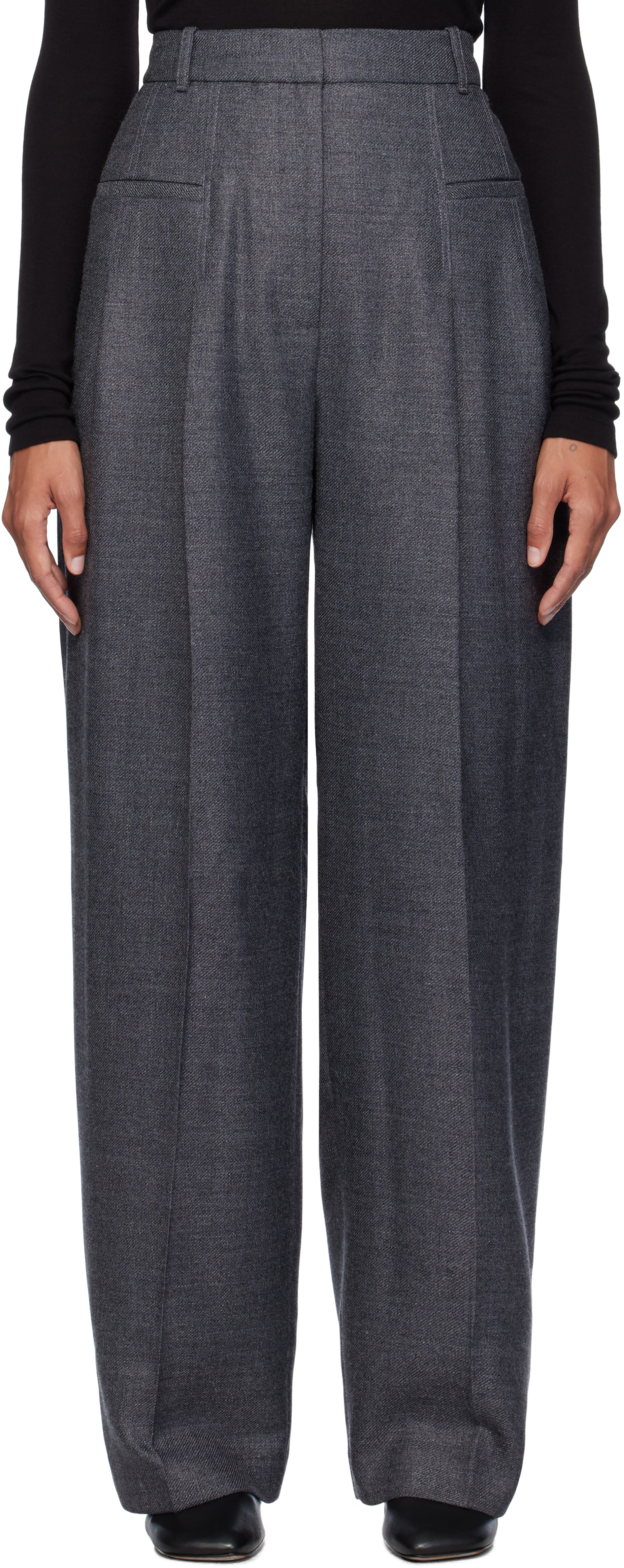 Gray Wide Leg Double Pleat Trousers