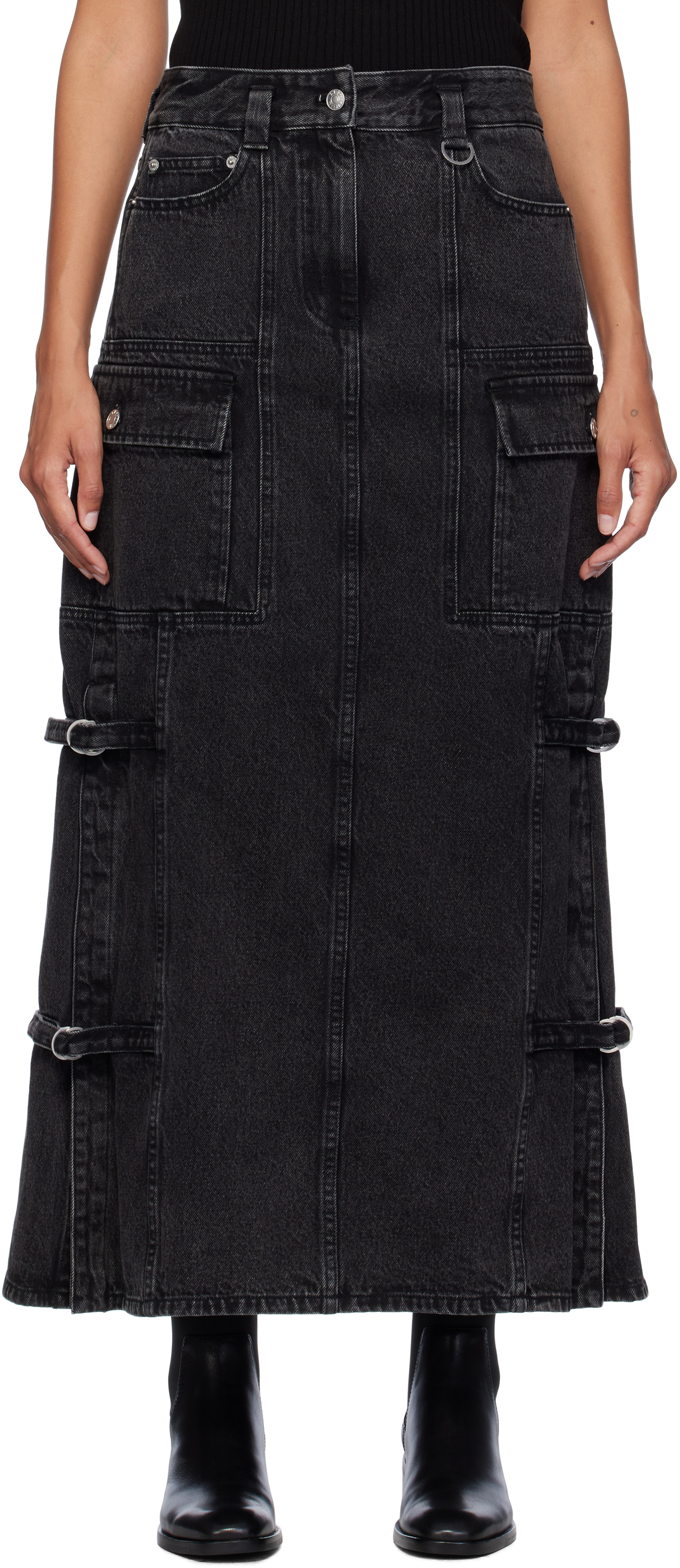 Black Cargo Denim Maxi Skirt