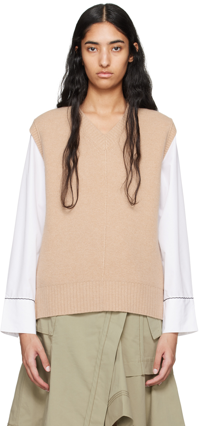 Beige Oversized Knit Vest Shirt