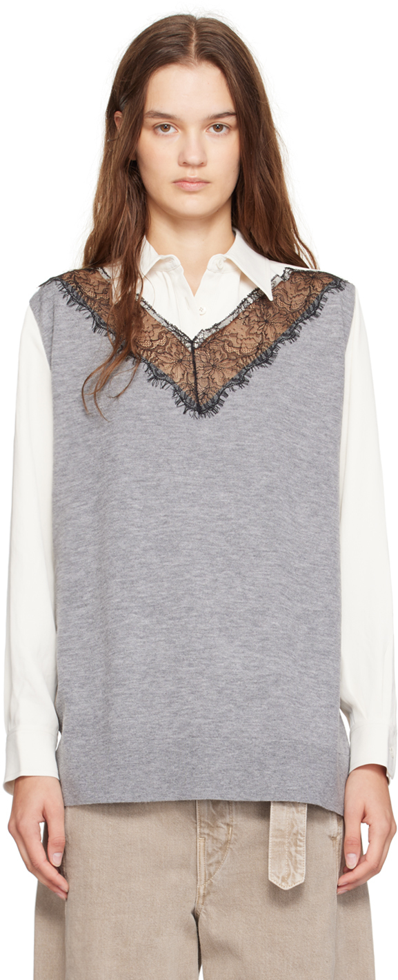 Gray & Off-White Knit Combo Lace Long Sleeve Shirt