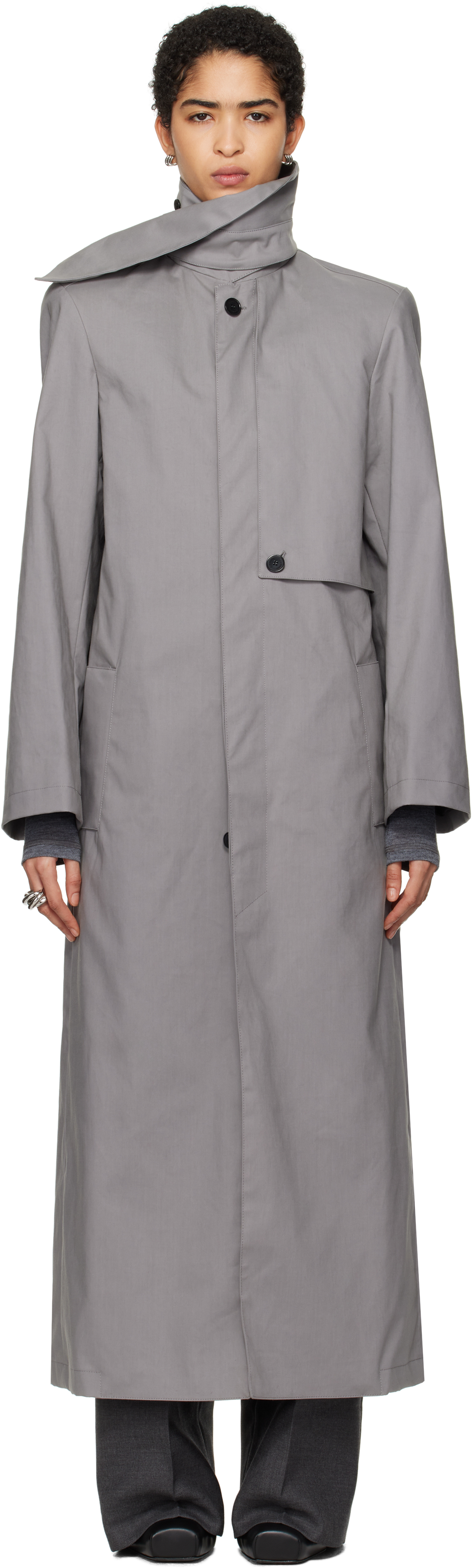 Gray Scarf Collar Trench Coat