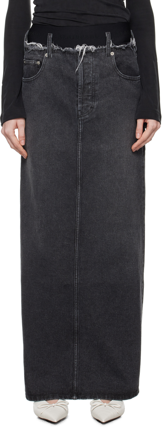 Gray Frayed Edge Denim Maxi Skirt