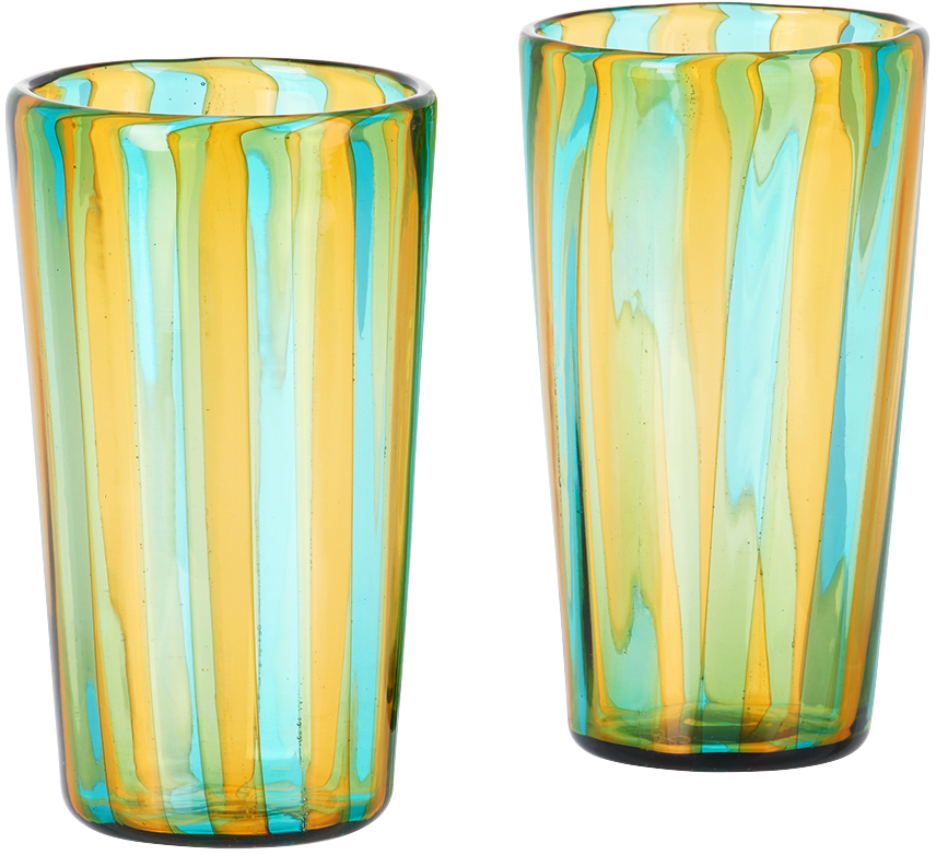 Akua Objects Blue & Yellow Small Augusta Glass Set In Aquamarine/mustard