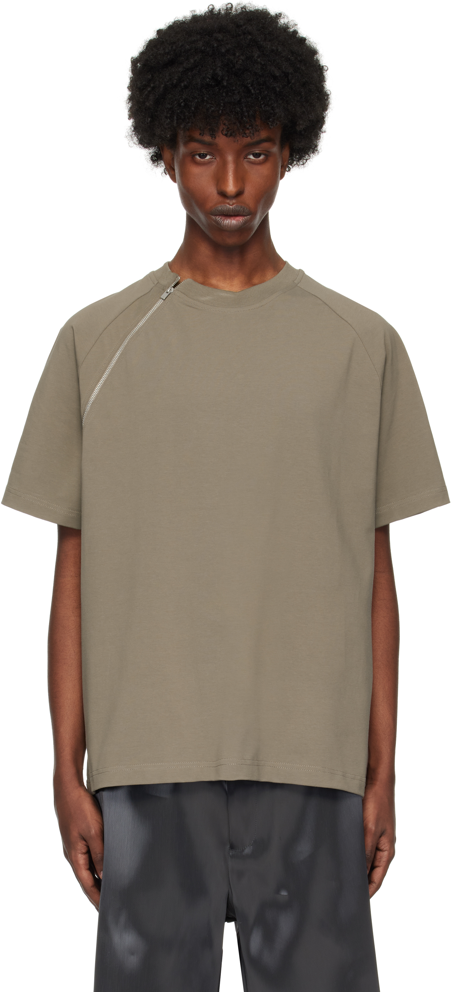 Heliot Emil Khaki Sequence Zip T-shirt In Dusty Green