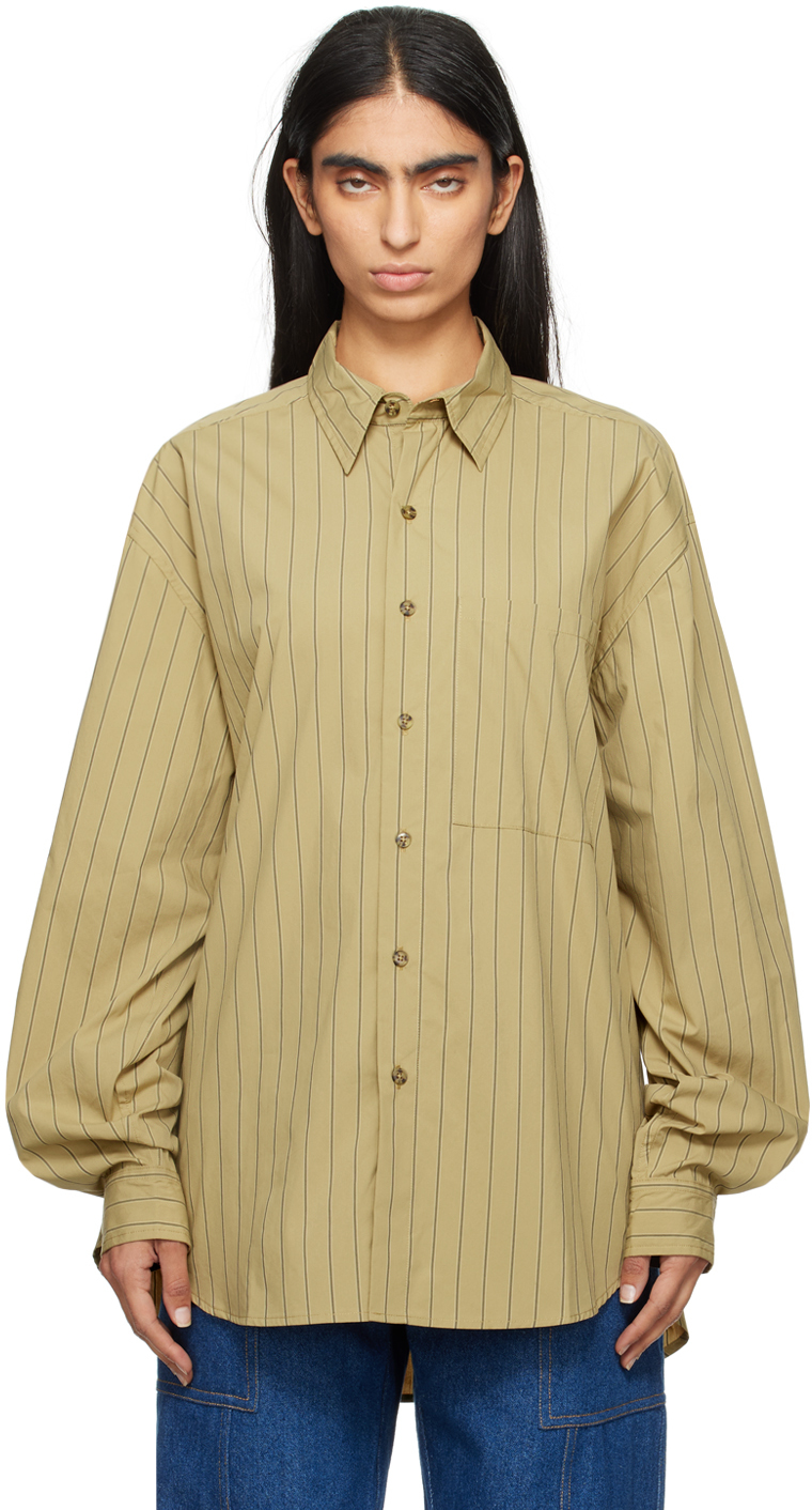 Gil Rodriguez Khaki Big Button Up Shirt In Camel/black Stripe