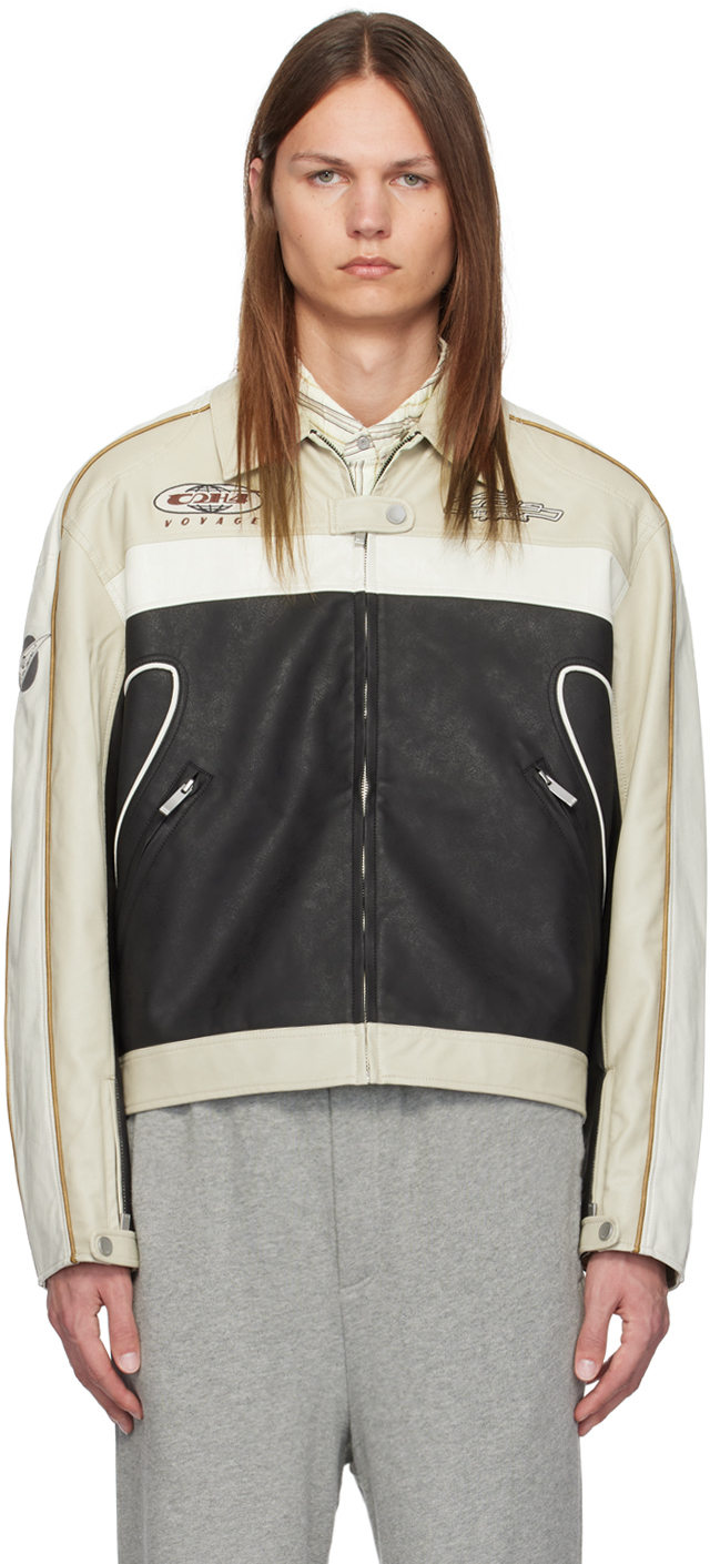 Beige & Black Aviation Motorbike Faux-Leather Jacket