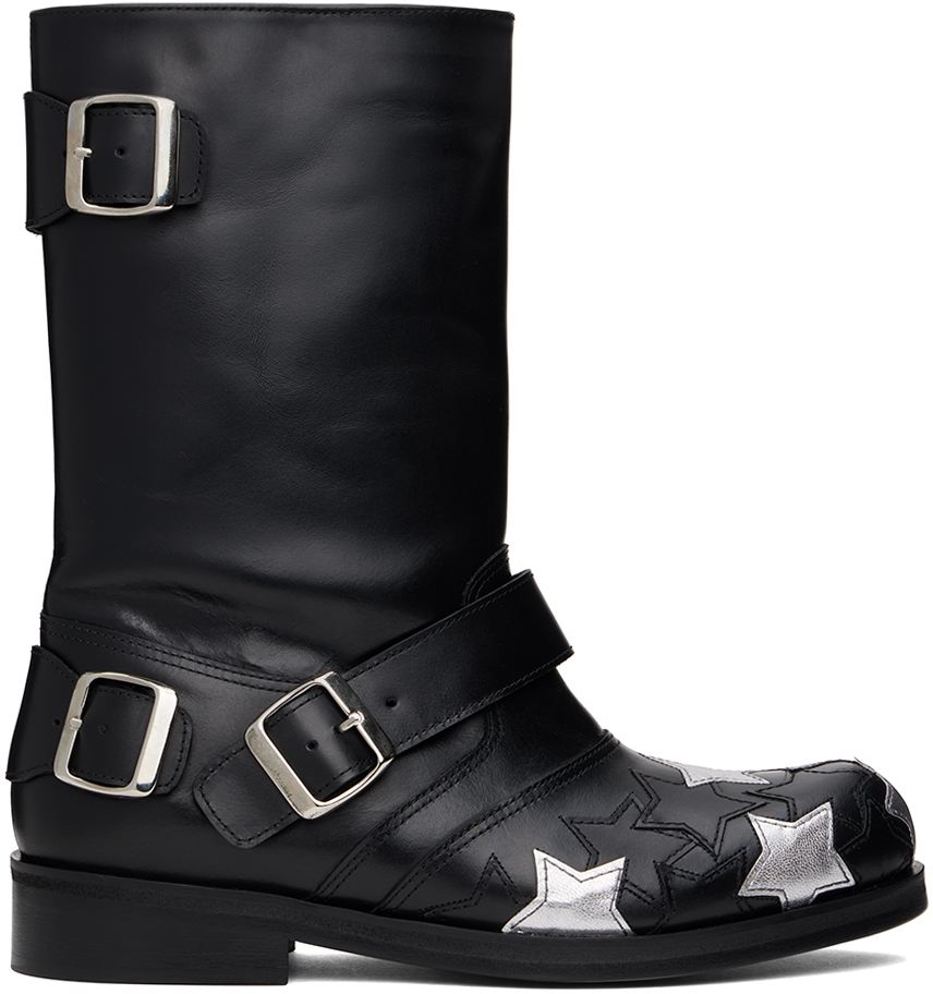 Black & Silver Star Biker Boots