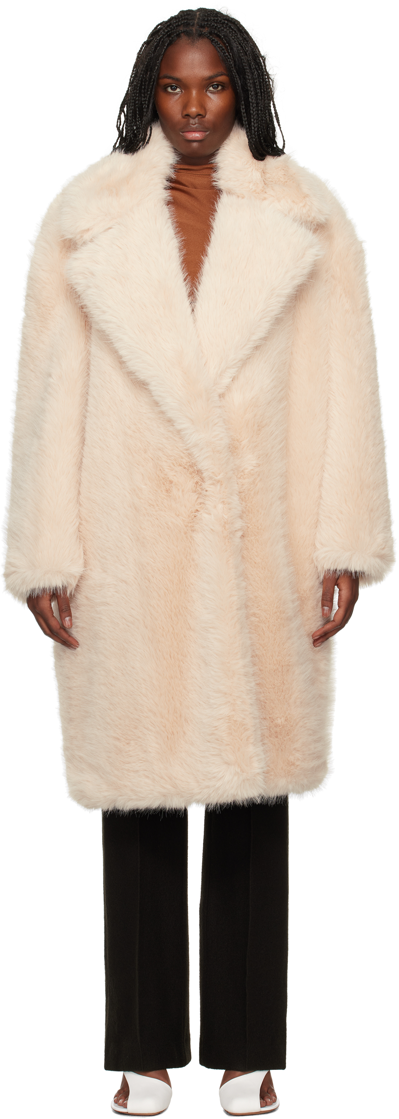 SPORTMAX PINK NOTCHED LAPEL FAUX-FUR COAT 