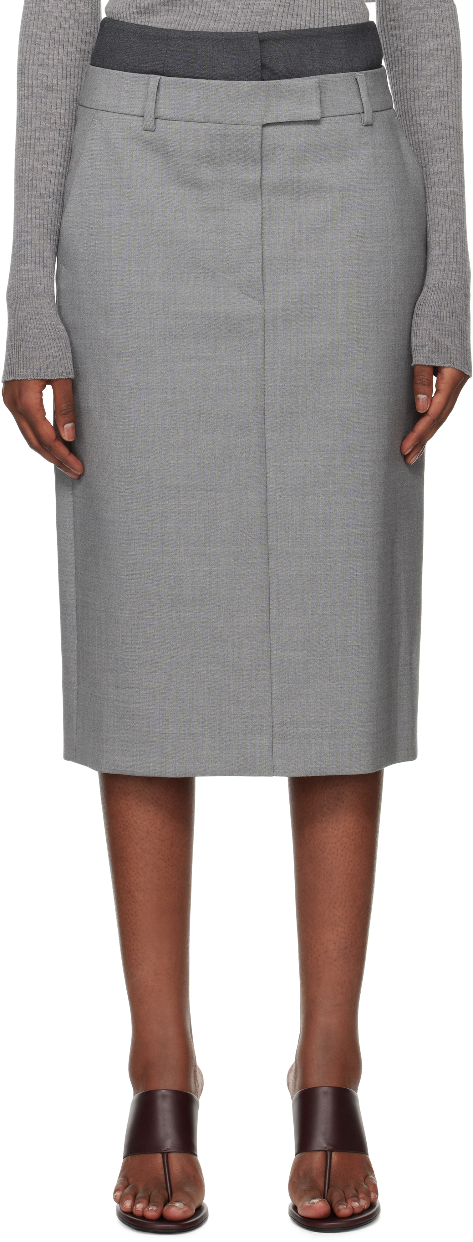 Gray Stretch Wool Midi Skirt