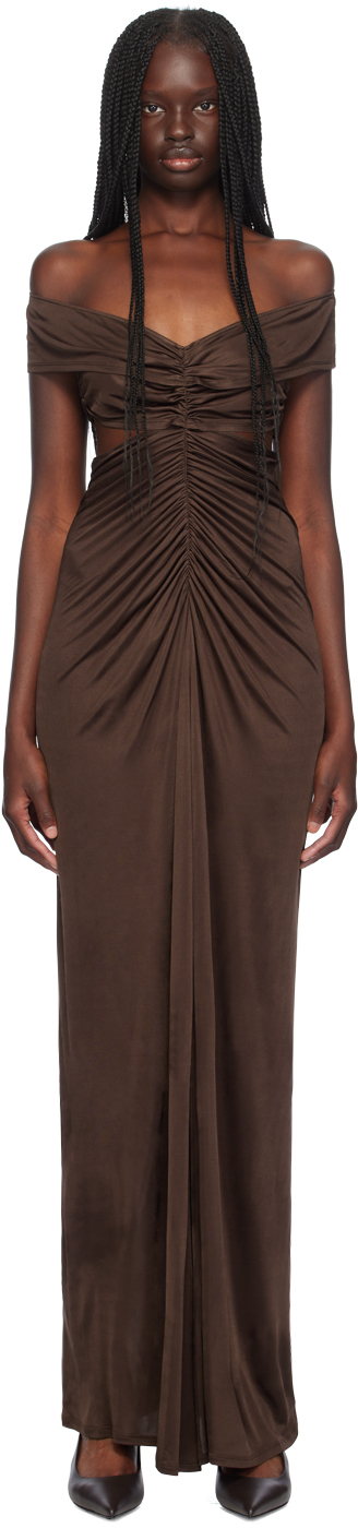 Shop Atlein Brown Ruched Maxi Dress In Cob Terre