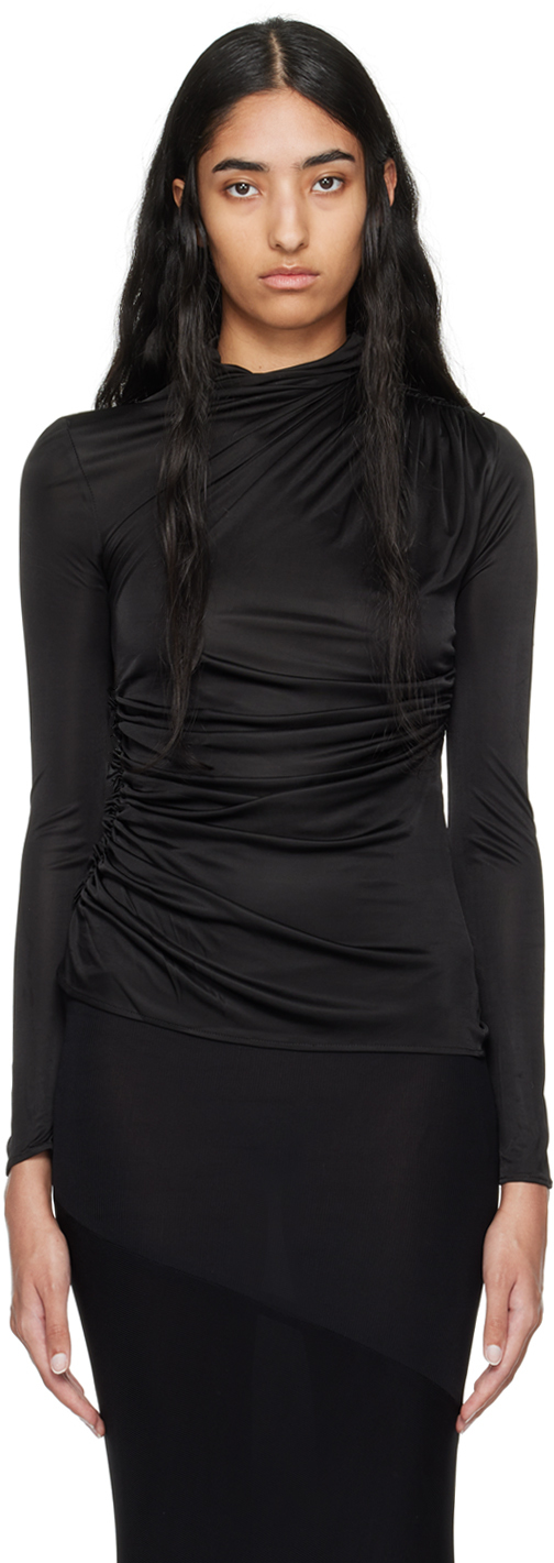 Black Ruched Long Sleeve Turtleneck