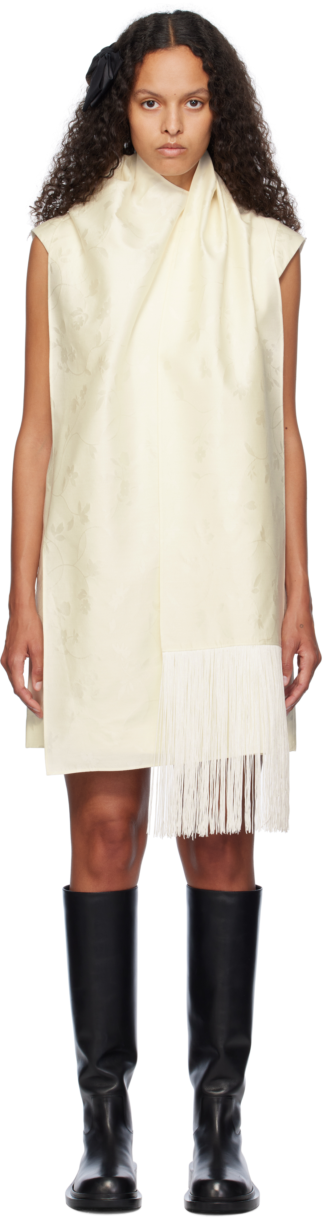 Ao Yes Off-white Fringed Scarf Minidress In Off White