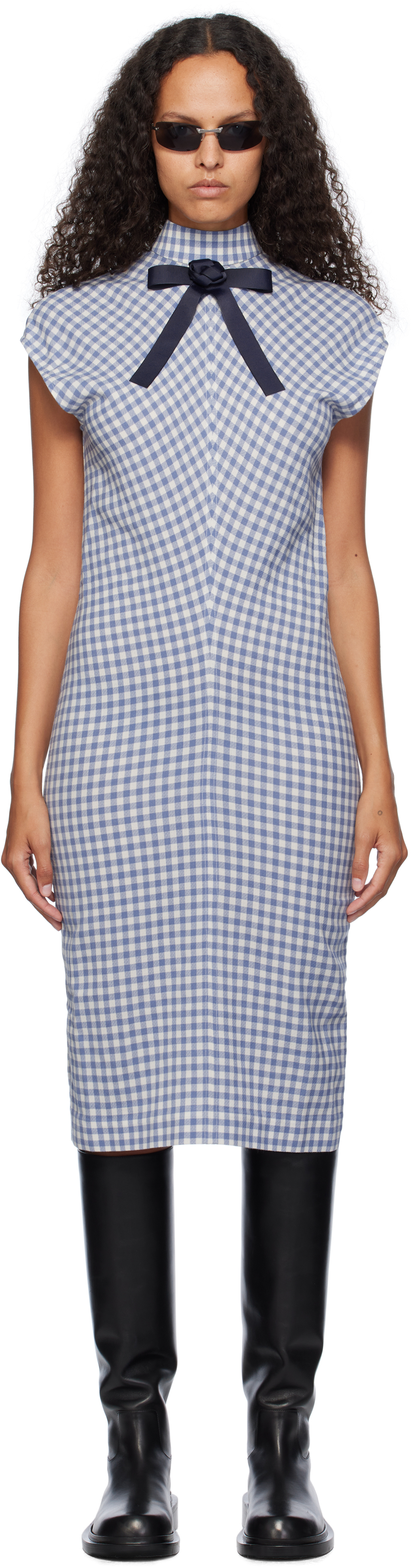 Ao Yes Blue & White Ribbon Tie Bias Cut Midi Dress In Check